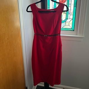 Red Square Neck Calvin Klein Dress with Ruffled Side and Black + Gold Belt